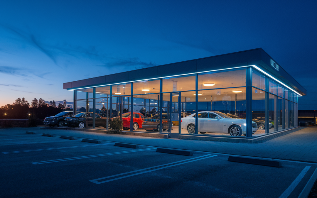 Professional twilight photograph of a Seattle used car dealership lot with available spaces - challenging the 'no availability' sales tactic