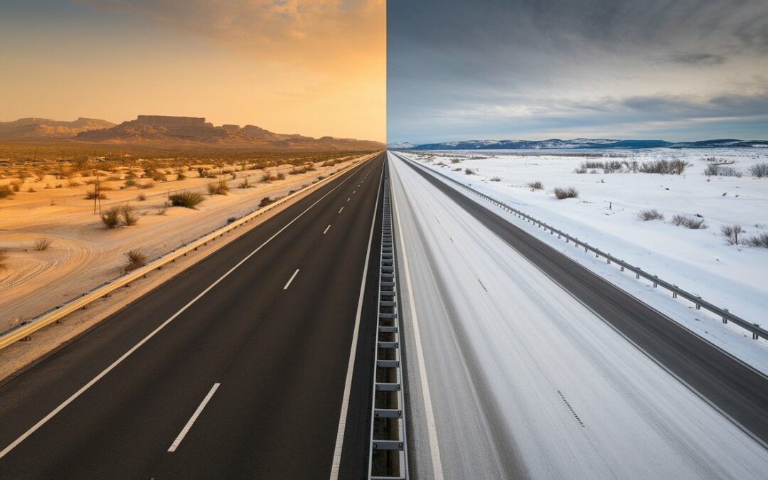 Contrasting road surfaces showing regional effects on vehicles: desert heat versus road salt damage