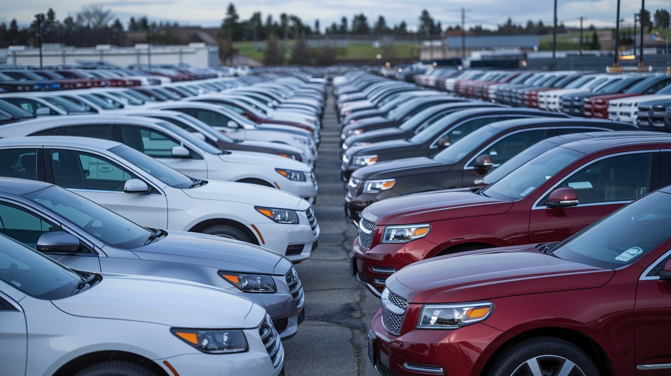 Used car dealership lot in Spokane Washington with rows of pre-owned vehicles