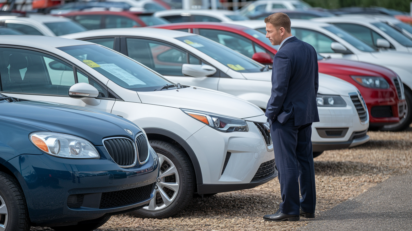 Professional car buyer inspecting used vehicles at Seattle dealership lot