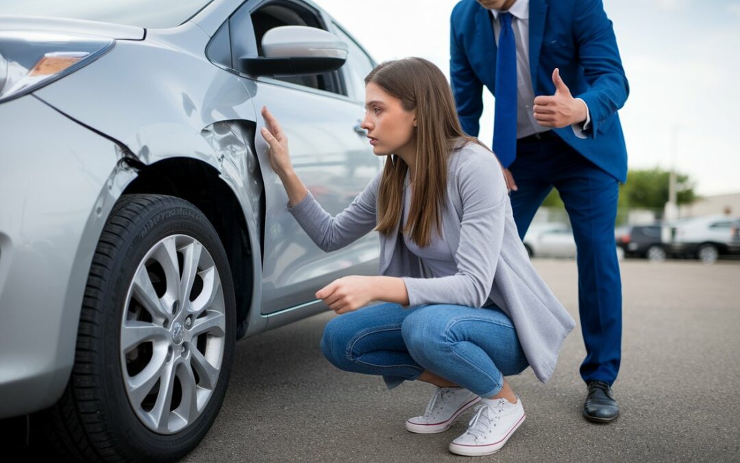 Woman inspecting car damage while salesperson hovers uncomfortably