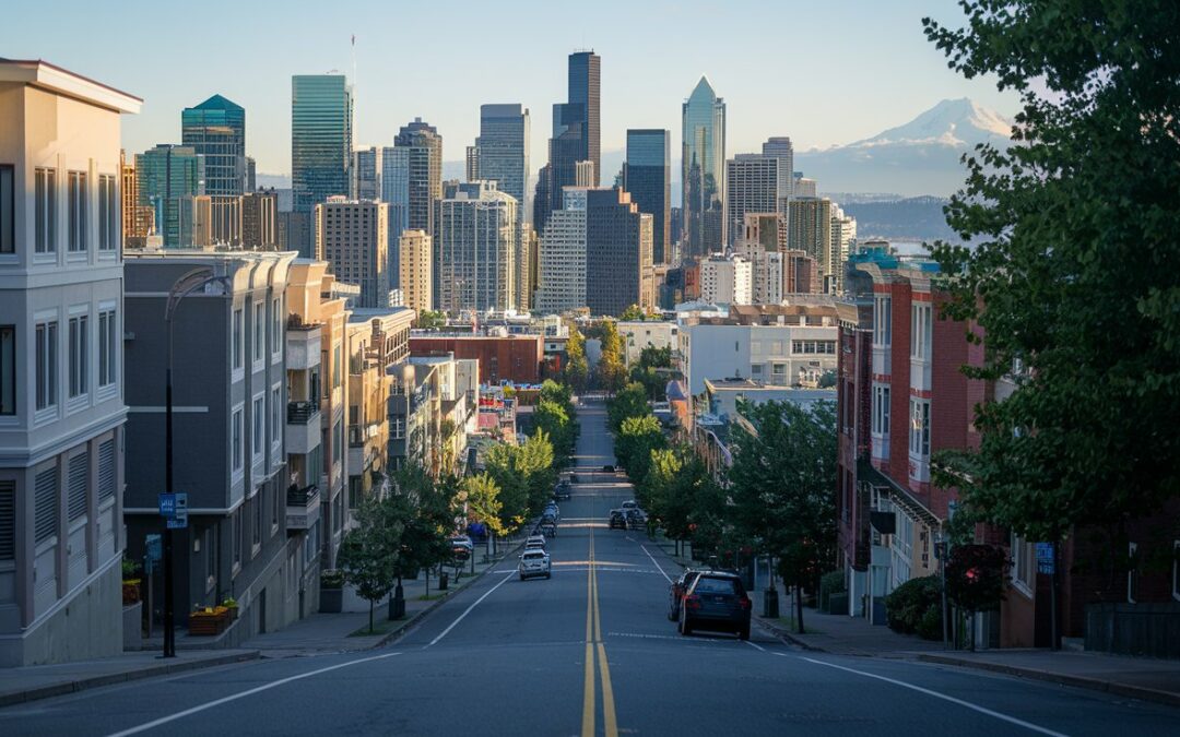 Steep Seattle street descending into downtown, illustrating challenging terrain for vehicles