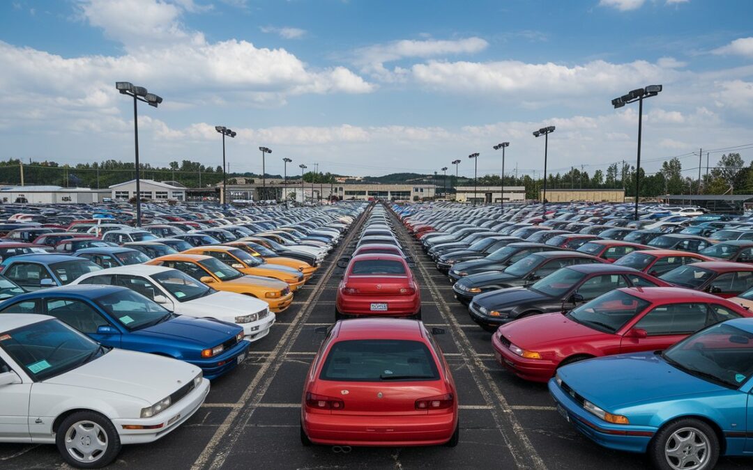 Large car auction lot filled with vehicles awaiting sale