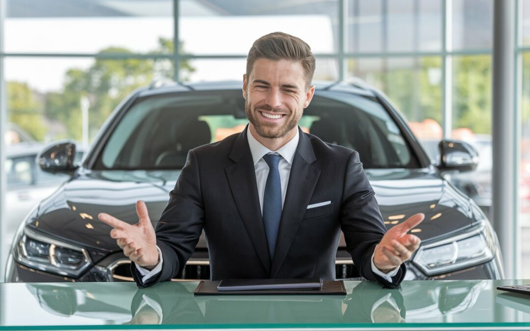 Smug car salesperson grinning behind desk during trade-in negotiation