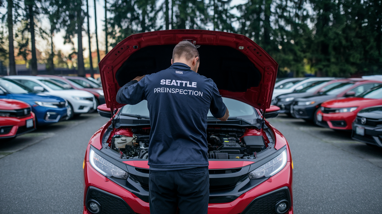 A photo of an inspector performing a thorough mobile used car inspection in Greater Seattle.