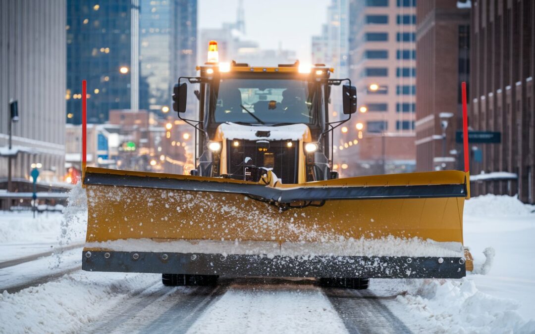 Snow plow dumping road salt while clearing roads in the midwest.